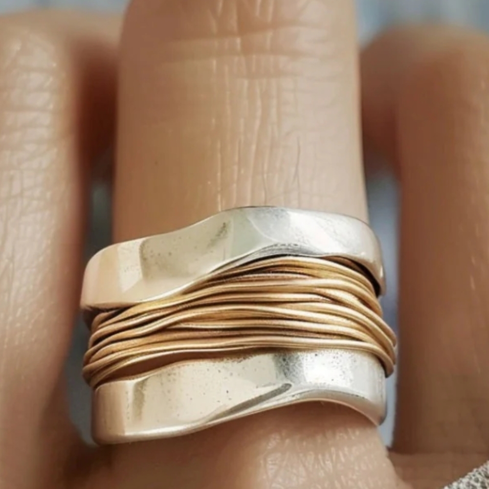 NEW Sculptural Wave Statement Ring Modernist Artisan Silver Wide Band Minimalist